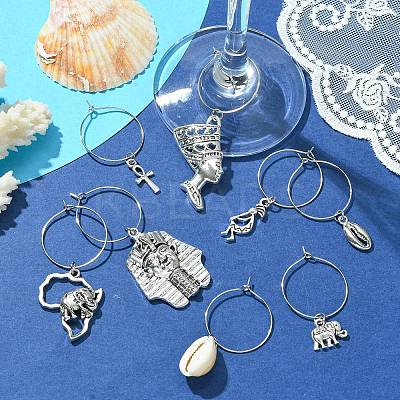 8 Pcs Tibetan Style Alloy & Cowrie Shell Wine Glass Charm AJEW-JO00247-1