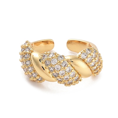 Twist Brass Micro Pave Clear Cubic Zirconia Open Cuff Ring for Women RJEW-C102-04G-1