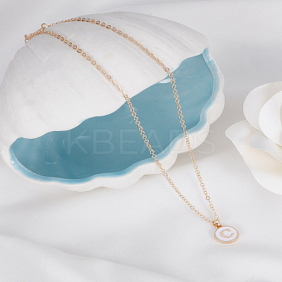 1Pc Zinc Alloy White Enamel Round with Letter Pendant Necklaces NJEW-LP0002-88G-C-1