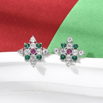 Rhombus Brass Micro Pave Cubic Zirconia Stud Earrings EJEW-L306-02P-1