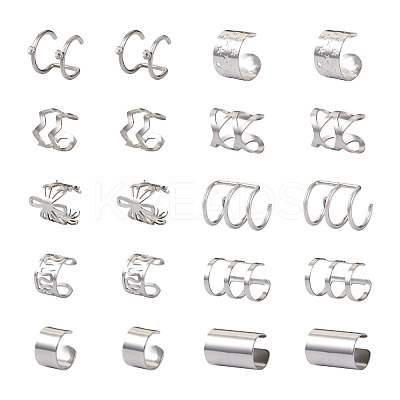 20Pcs 10 Style Hollow & Wave & Flower 304 Stainless Steel Wide Band Chunky Cuff Earrings for Men Women EJEW-CF0001-01-1