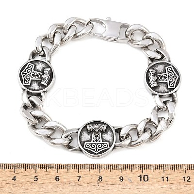 Stainless Steel Flat Round with Thor Hammer Mjolnir Link Bracelets BJEW-D379-07ASP-1