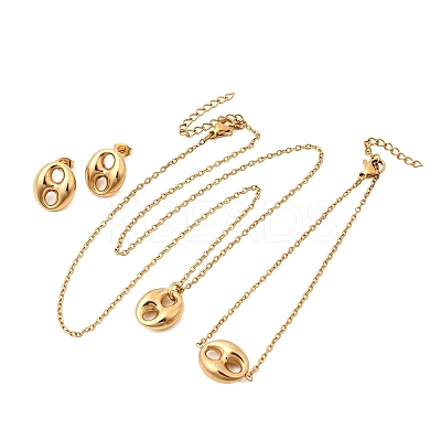 304 Stainless Steel Oval Pendant Necklaces & Bracelets & Stud Earrings Sets SJEW-P008-02G-1