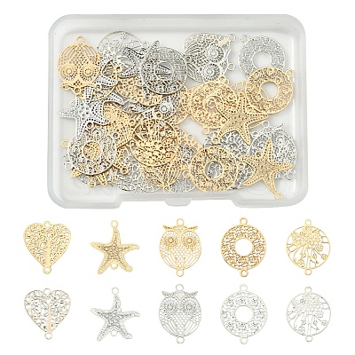 40Pcs 10 Styles Rack Plating Brass Hollow Out Connector Charms KKC-FS0001-03-1