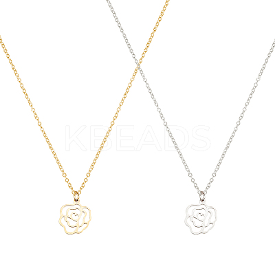 2Pcs 2 Colors 304 Stainless Steel Hollow Rose Pendant Necklaces Set for Women NJEW-AN0001-87-1