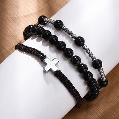 Adjustable Natural Obsidian & Hematite Braided Bead Bracelets BJEW-U035-01A-1
