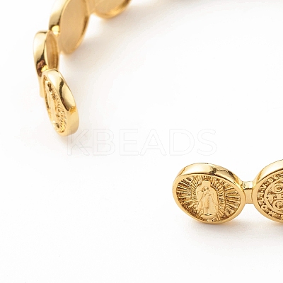 Brass Flat Round with Rosary Jesus Open Cuff Bangle for Women BJEW-B054-04G-1