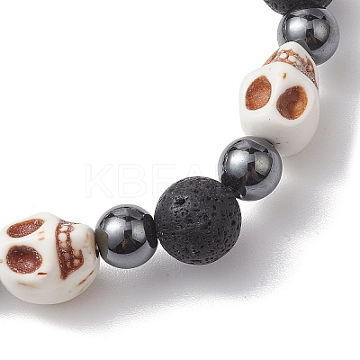 2Pcs Halloween Skull Synthetic Turquoise & Round Lava Rock & Synthetic Non-Magnetic Hematite Beaded Stretch Bracelet Sets for Women BJEW-JB10656-1