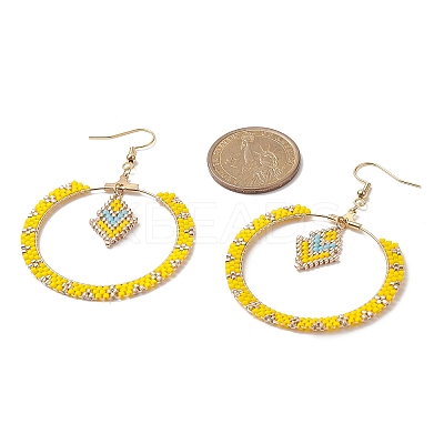 Glass Seed Braided Ring & Rhombus Dangle Earrings EJEW-MZ00050-1