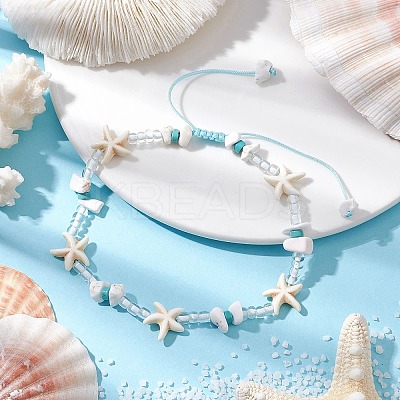 Starfish Synthetic Turquoise & Magnesite & Glass Seed Braided Beaded Adjustable Anklets AJEW-AN00651-1
