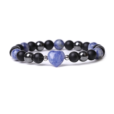 Natural Blue Spot Jasper Heart Beaded Stretch Bracelet PW-WG70241-08-1