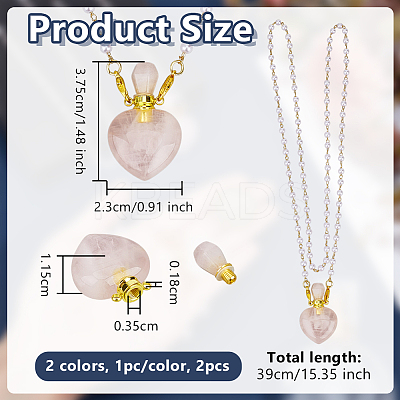 2Pcs 2 Colors Natural Rose Quartz & Quartz Crystal Heart Perfume Bottle Pendant Handmade Plastic Imitation Pearl Bead Chain Necklaces NJEW-OC00006-1