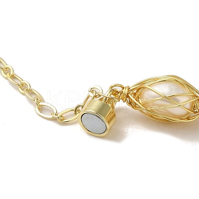 Oval Natural Pearl & Shell Link Bracelet with Colorful Rhinestone BJEW-C051-15G-1