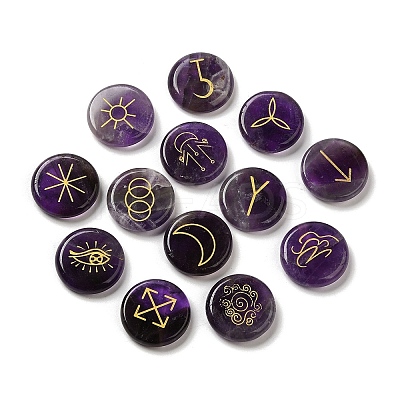 13Pcs Flat Round Natural Amethyst Rune Stones G-K335-08C-1