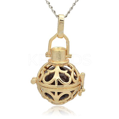 Golden Tone Brass Hollow Round Cage Pendants KK-J235-03G-1