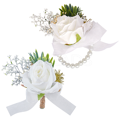2Pcs 2 Style Silk Cloth Imitation Flower Boutonniere & Wrist Corsage AJEW-CP0005-81-1