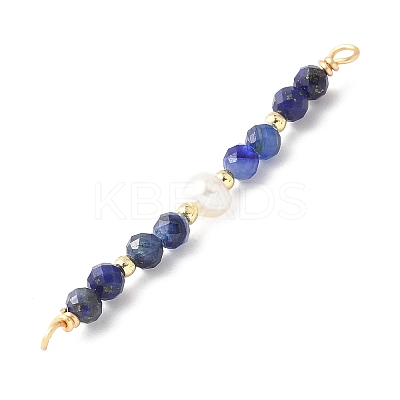 Faceted Round Natural Lapis Lazuli & Kyanite & Potato Natural Cultured Freshwater Pearl Beaded Connector Charms PALLOY-JF03531-02-1