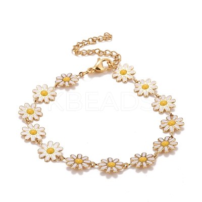 Enamel Daisy Link Chains Bracelet BJEW-P271-01G-01-1
