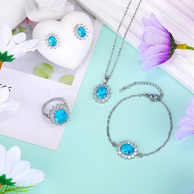 Cubic Zirconia Oval Pendant Necklace & Link Bracelet & Cuff Ring & Stud Earrings SJEW-SZC0001-01D-1