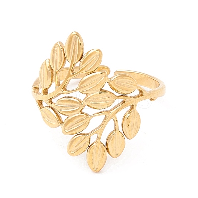 304 Stainless Steel Leaf Open Cuff Ring RJEW-SZ0001-18G-1