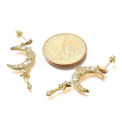 Moon Brass Micro Pave Clear Cubic Zirconia Dangle Stud Earrings EJEW-C126-10G-1