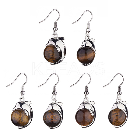 Natural Tiger Eye Dolphin Dangle Earrings with Crystal Rhinestone EJEW-A092-20P-17-1