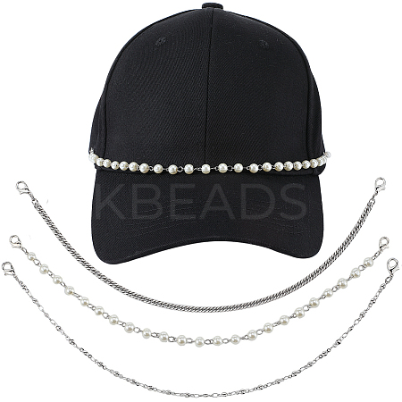 6Pcs 3 Styles 304 Stainless Steel & Round Plastic Pearl Beads Baseball Cap Chain AJEW-SC0003-57-1