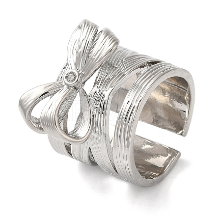 Brass Micro Pave Cubic Zirconia Bowknot Open Cuff Wide Rings for Women RJEW-B057-03P-1