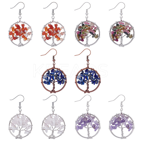 5 Pairs 5 Style Natural Mixed Stone Chip Beads Wrapped Tree of Life Dangle Earrings for Women EJEW-UN0001-97-1