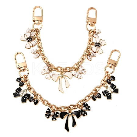 2Pcs 2 Color Alloy Enamel White and Black Bowknot Charm Zinc Alloy Cable Chain Bag Decorative Chains AJEW-BA00162-1