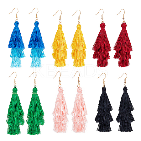 6 Pairs 6 Colors Cotton Triple Layer Tassel Dangle Earrings EJEW-AN0001-64-1