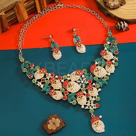 Christmas Santa Claus & Leaf Alloy Rhinestone Pendant Necklace & Stud Dangle Earrings Sets WGF6AE0-02-1