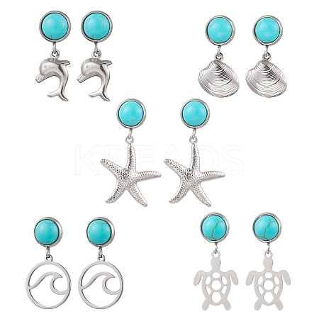 5Pairs 304 Stainless Steel Dangle Stud Earrings EJEW-JE06302-S-1