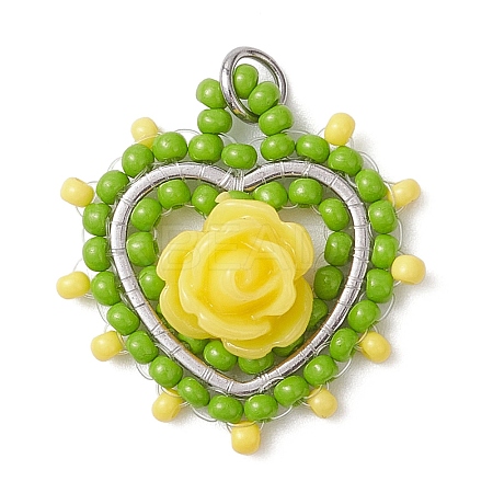 Glass Seed Beaded Heart with Rose Pendants PALLOY-MZ01030-02-1