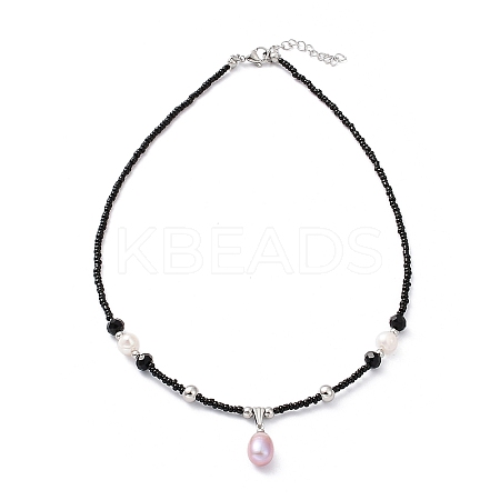 Natural Pearl Pendant Necklace with Glass Beaded Chains NJEW-M201-01B-1