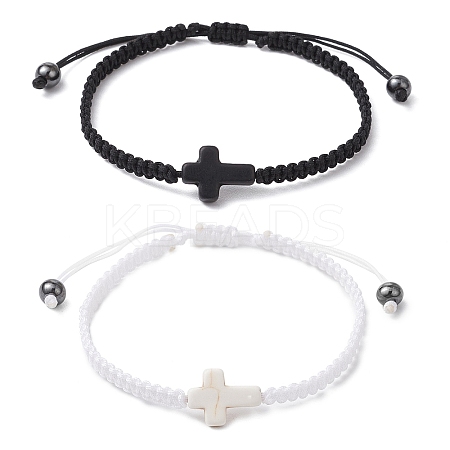 2Pcs Synthetic Turquoise & Hematite Braided Bracelets for Couple BJEW-JB11339-1