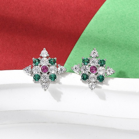 Rhombus Brass Micro Pave Cubic Zirconia Stud Earrings EJEW-L306-02P-1