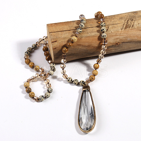 Bohemian Style Teardrop Glass Pendant Natural Dalmatian Jasper & Picture Jasper Round Beaded Long Necklaces for Women FS-WG767EC-03-1