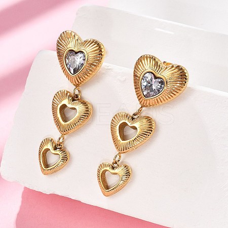 Heart 304 Stainless Steel Clear Cubic Zirconia  Dangle Stud Earrings EJEW-D319-17G-1