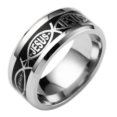 201 Stainless Steel Jesus Fish with Word Finger Ring EAER-PW0001-170B-02-1