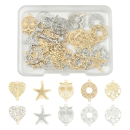 40Pcs 10 Styles Rack Plating Brass Hollow Out Connector Charms KKC-FS0001-03-1