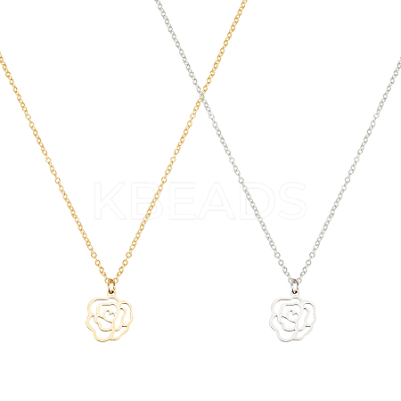 2Pcs 2 Colors 304 Stainless Steel Hollow Rose Pendant Necklaces Set for Women NJEW-AN0001-87-1