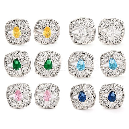 Brass Pave Cubic Zirconia Square Stud Earrings for Women EJEW-I304-27P-1