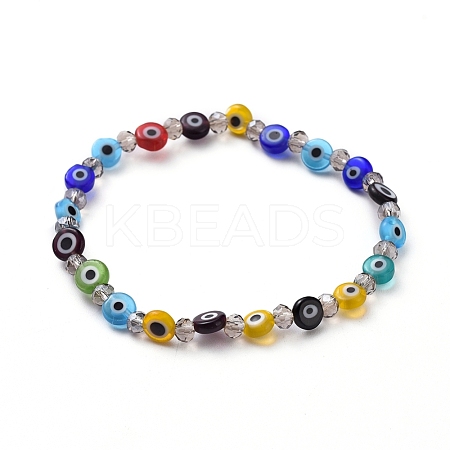 Handmade Evil Eye Lampwork Flat Round Beads Stretch Bracelets BJEW-JB05005-03-1