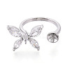 Butterfly Shape Brass Micro Pave Clear Cubic Zirconia Cuff Ring Settings for Half Drilled Beads KK-T076-47P-2