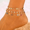 Alloy Crystal Rhinestone Disc Resin Evil Eye Tassel Double Layer Anklets for Women AJEW-A069-02G-1