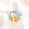 Brass Sky Blue Enamel Flower Cuff Rings RJEW-C139-17C-G-1