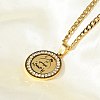 201 Stainless Steel Crystal Rhinestone Muslim Islamic Religion Flat Round Pendant Necklaces NJEW-P327-05G-1