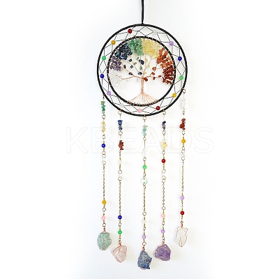 7 Chakra Natural Mixed Stone Chips Tree of Life Woven Net/Web with Feather Hanging Ornaments HJEW-A013-05-1