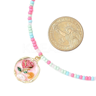 Flower Alloy Enamel Pendant Glass Seed Beaded Necklaces for Women NJEW-JN05550-02-1